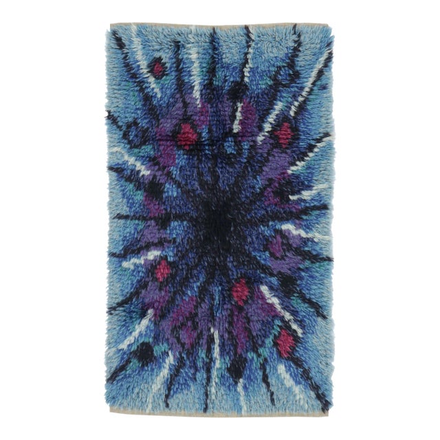 Vintage Swedish Rya Runner With Blue and Purple Sunburst Pattern - Rug & Kilim For Sale