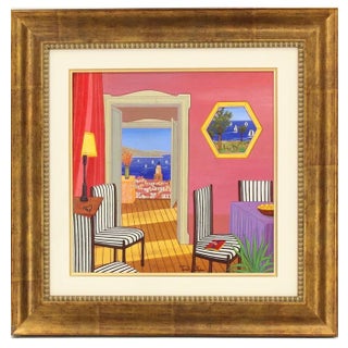 Fanch (Francois Ledan), Whimsical Naive Mediterranean Seaside Interior Folk Art Oil Painting Fanch Ledan, 2002 For Sale