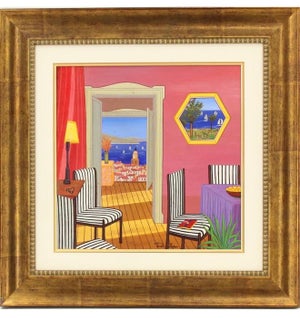 Fanch (Francois Ledan), Whimsical Naive Mediterranean Seaside Interior Folk Art Oil Painting Fanch Ledan, 2002