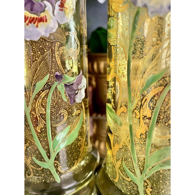Art Nouveau Pair of Antique Mont Joye Legras Enameled Art Glass Vases For Sale - Image 3 of 7