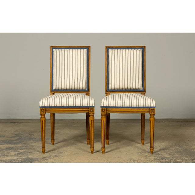 Set of Eight Late 19th Century French Louis XVI Style Dining Chairs in Blue Stripe For Sale - Image 11 of 18