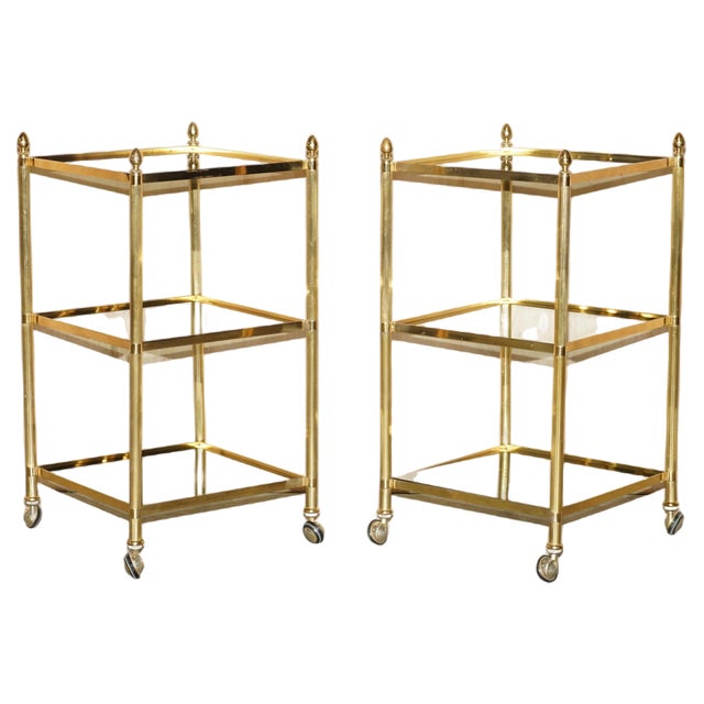 Mid-Century Modern Three Tier Tables in Brass and Smoked Glass, Set of 2 For Sale