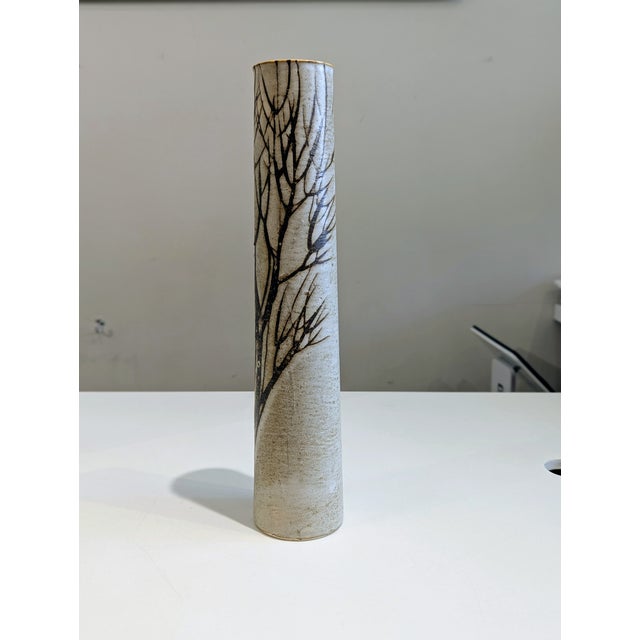 Mid-Century Modern Anderson Design Studio Tall Stoneware Cylinder Vase With Winter Tree Motif, 1970s For Sale - Image 3 of 9