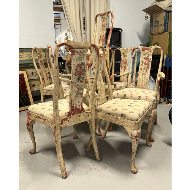 Early 20th Century Set of 8 Painted Chippy Dining Chairs with Needlepoint Floral Seats For Sale - Image 11 of 18