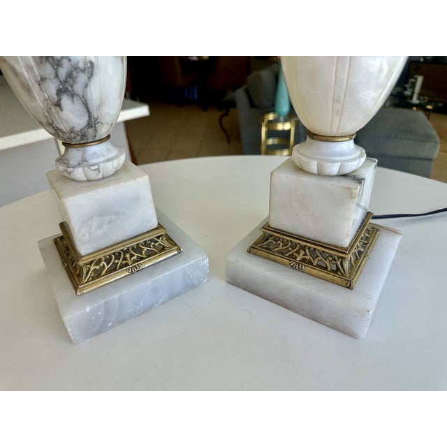 Pair of Italian Neoclassic Alabaster Table Lamps, Hand-Carved, 1950s For Sale - Image 15 of 18