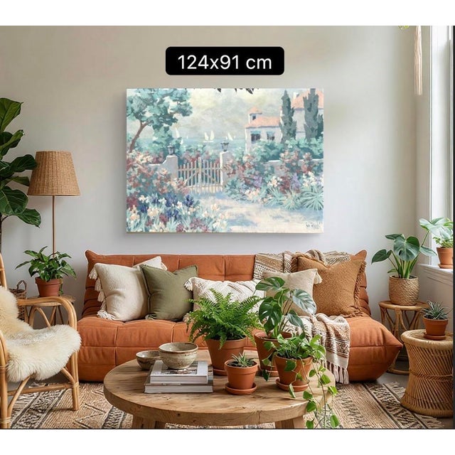 Large original Painting on canvas sea side cottage by Lee Reynolds 46 1/4 x 34 1/4 Original gold metal frame. This is not...