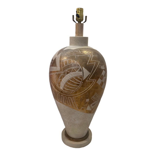 1970s Mid-Century Modern Ceramic Geometric Carved Lamp Base For Sale