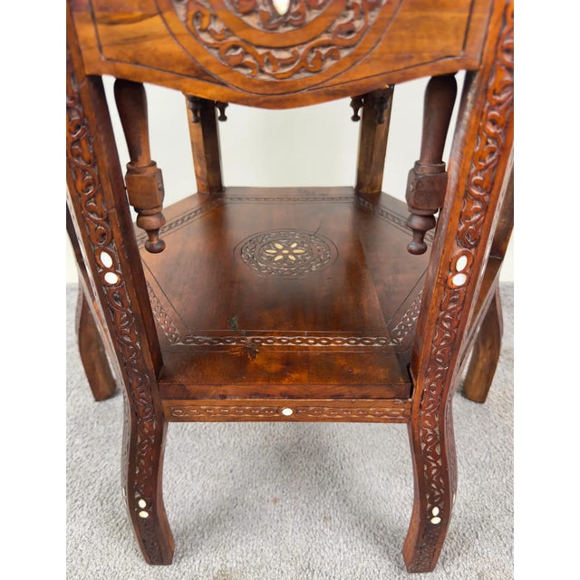 Vintage Syrian Hexagonal Walnut and Bone Inlay Hand -Carved Center of End Table For Sale - Image 10 of 12