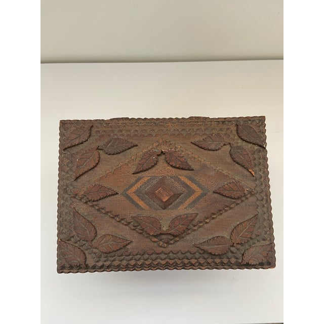 Tramp Art Box with leather interior Beautiful leaf motif 8 1/2 x 10 x 8 in. Vintage condition - small pieces missing...