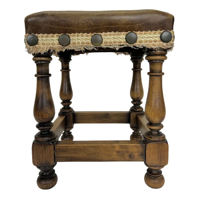 MidCentury Oak and Leather Stool in Spanish Style, 1970s Chairish
