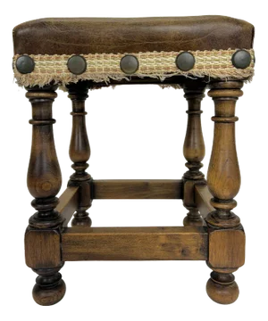 Mid-Century Oak and Leather Stool in Spanish Style, 1970s