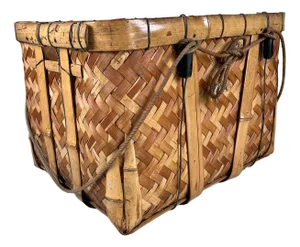 Japanese Hand Braided Bamboo Harvest Basket, 1950s