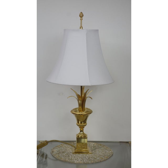 Hollywood Regency Brass Table Lamp with Fabric Shade from Unbekannt, 1970s, in Very Good conditions. Designed 1970 to 1979...