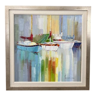 Original Abstract Oil on Canvas of Colorful Sailboats Reflected on Water For Sale