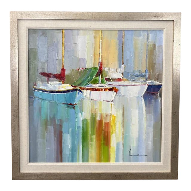 Original Abstract Oil on Canvas of Colorful Sailboats Reflected on Water For Sale