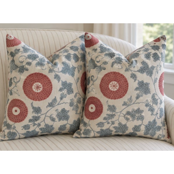 A beautiful pair of custom designer pillows featuring Lee Jofa Eldora Print in Sky/Brick from the Clare Prints collection....