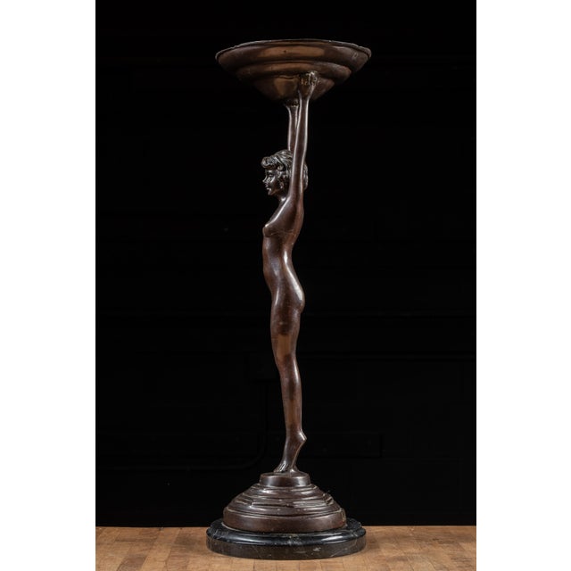 Art Deco Art Deco Bronzed Spelter Nude Woman Stranding Ashtray | Signed For Sale - Image 3 of 12