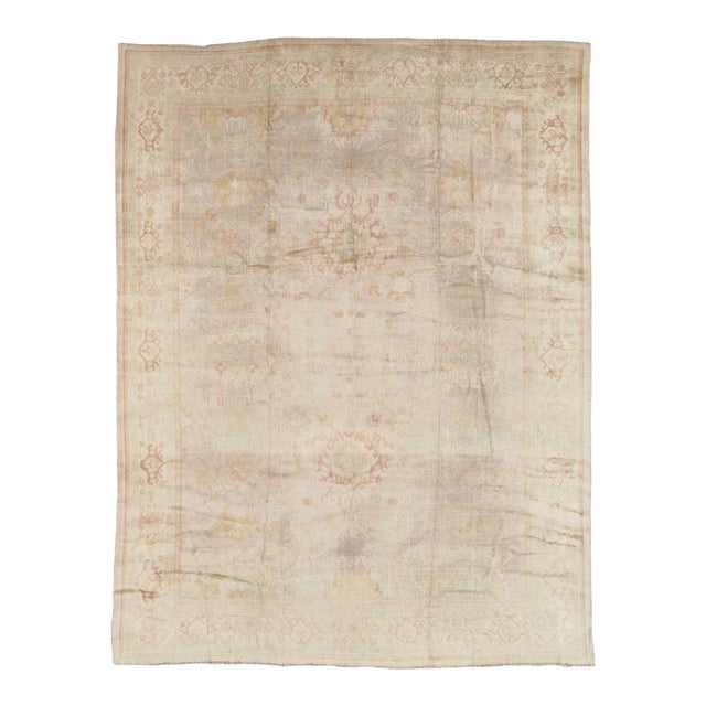 Antique Angora Oushak Carpet, Handmade Oriental Rug, Shrimp, Taupe, Cream Fine For Sale