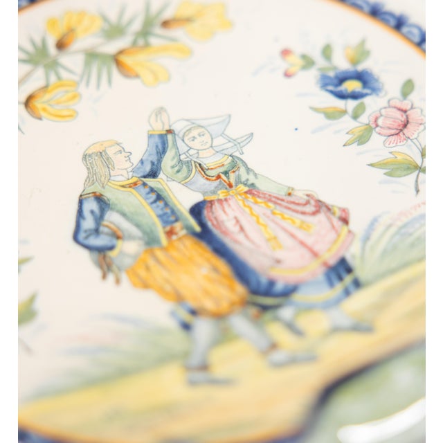 Ceramic 19th Century French Faience Quimper Dancing Couple Pie Crust Plate Footed Dish For Sale - Image 7 of 10