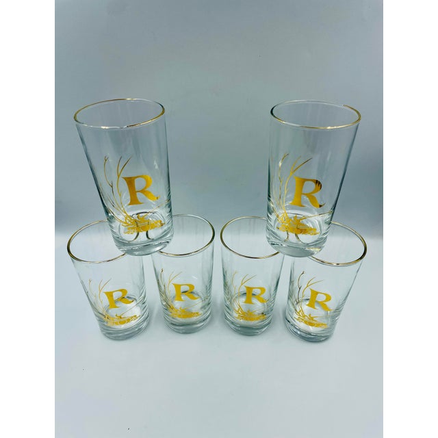 Rare Mid 20th Century Gold Leaf Monogram “R” Highball Glasses – Set of 6 For Sale - Image 4 of 12