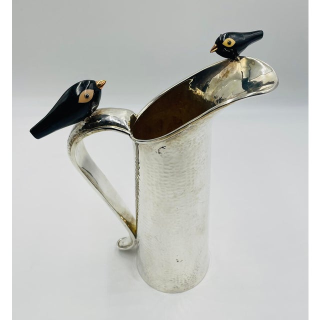 1980s Rare Emilia Castillo Silver-Plated Pitcher With Onyx & Jasper Birds For Sale - Image 10 of 18