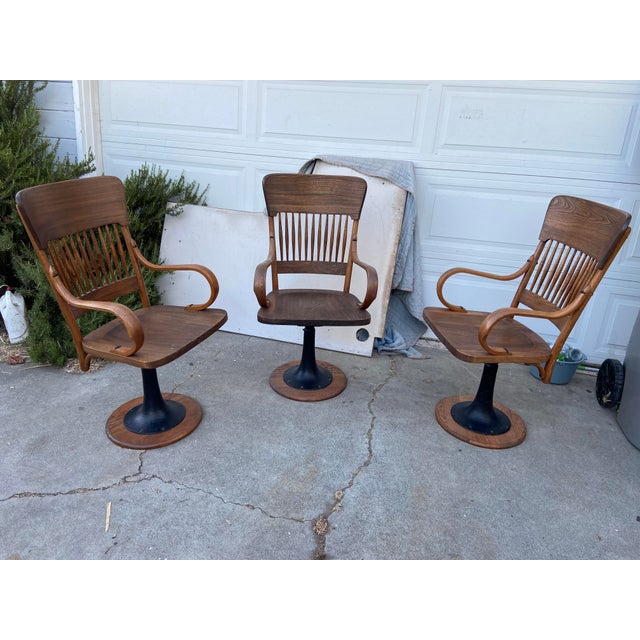 Arts & Crafts Antique Oak Courtroom Juror Chairs Set of 3 Cast Iron Base Early 1900s For Sale - Image 3 of 18