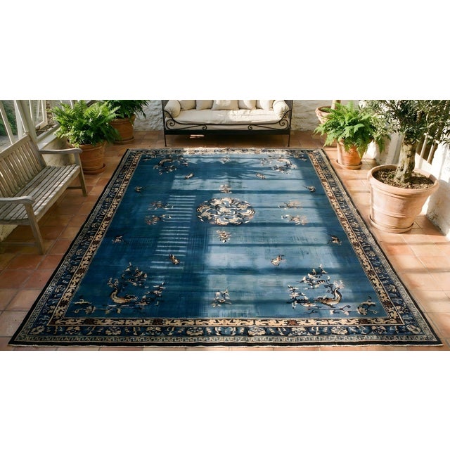 Textile 1920s Royal Blue Medallion Floral Antique Chinese Rug 14'6" X 20'2" Handknotted Wool Carpet For Sale - Image 7 of 8