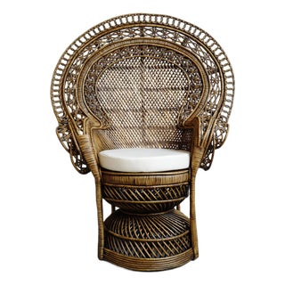 Vintage Grand Tea Stain Wicker Boho Peacock Chair For Sale