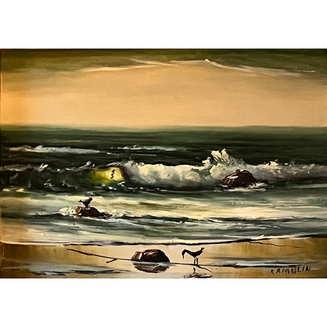 Fabulous wood cut frame with a signed seascape painting. Lovely in a small spot or mixed in with a gallery wall.