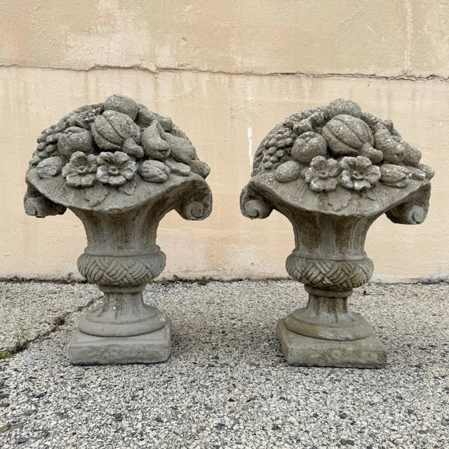 French Country Vintage Cast Cement Stone 26" Fruit & Flower Basket Garden Lawn Ornament - Pair For Sale - Image 3 of 15