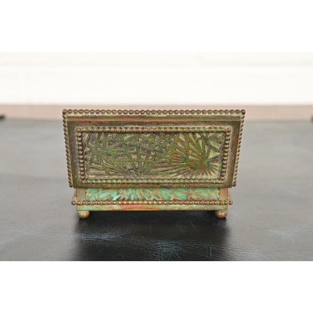 Bronze Tiffany Studios New York Pine Needle Pattern Bronze and Favrile Slag Glass Stamp Box For Sale - Image 8 of 12