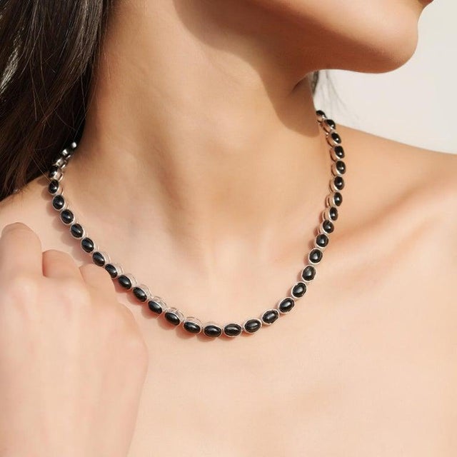 Black Star Gemstone Bezel Set Silver Tennis Necklace 16 Inches- Mothers Day Gift For Sale - Image 4 of 10