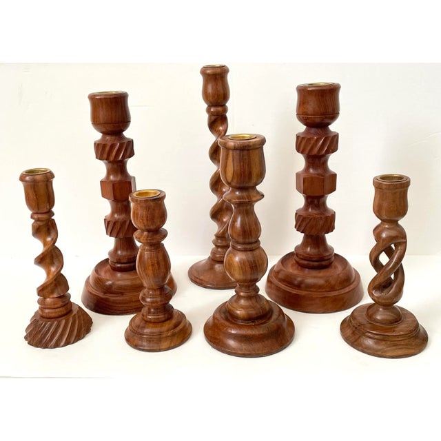 Brown Vintage Turned Polished Wood Candlleholders, Assorted Sizes. Set of Seven For Sale - Image 8 of 8