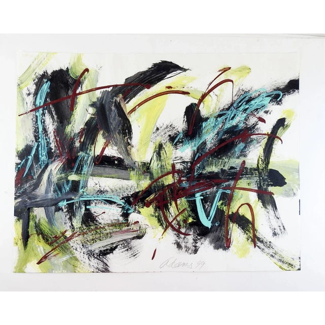Contemporary Abstract Expressionist Jerry Adams Lime Black Turquoise Painting on Paper For Sale - Image 3 of 3