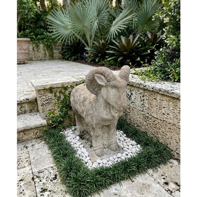 Vintage Stylized Cast Stone Ram Garden Statue For Sale In West Palm - Image 6 of 10