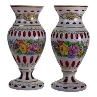 Pair Oversized Hand Painted & Gilt Cut to Cranberry Bohemian Glass Vases C1890 For Sale