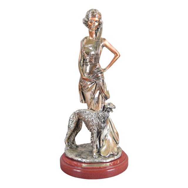 Art Deco Silver-Plated Lady with Borzoi Sculpture, 2001 For Sale