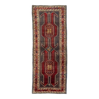 Vintage Caucasian Kazak Wool Runner Rug With Double Eagle Motif & Charcoal Field For Sale
