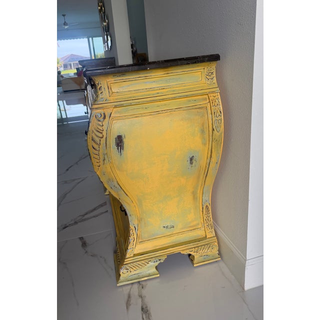 Wood French Provincial Bombe Commode With Marble Top in Distressed Mustard Finish For Sale - Image 7 of 14