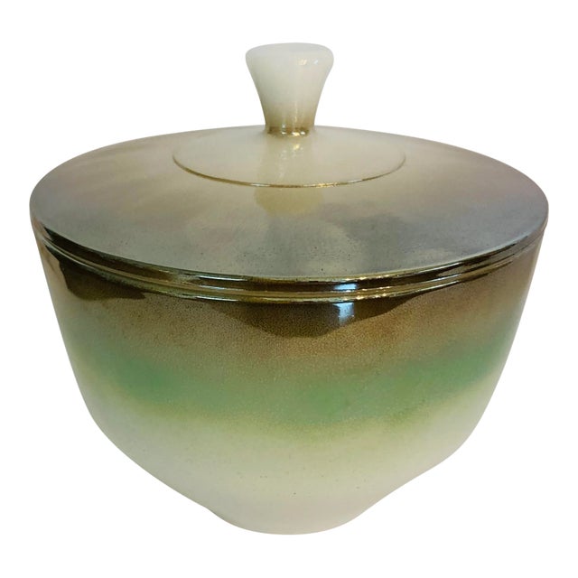 Mid-Century Iridescent Green & Copper Tone Federal Glass Vanity Jar For Sale