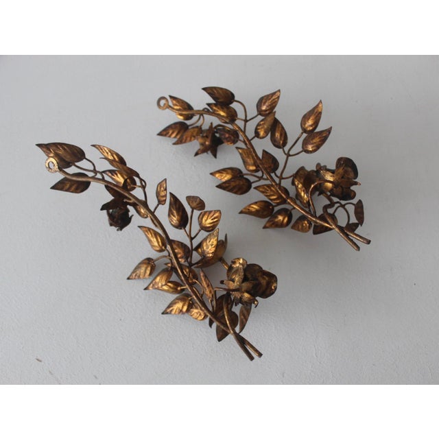Late 20th Century Hans Kögl Style Gilded Flowers Stems Leaves Wall Mount Candle Holders Sconces - a Pair For Sale - Image 11 of 18