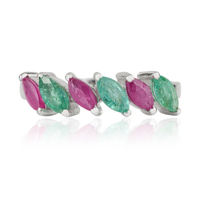 Contemporary Handmade Two-Tone Pink & Green Sapphire Navette Stacking Ring in Silver Size 8 For Sale - Image 3 of 13