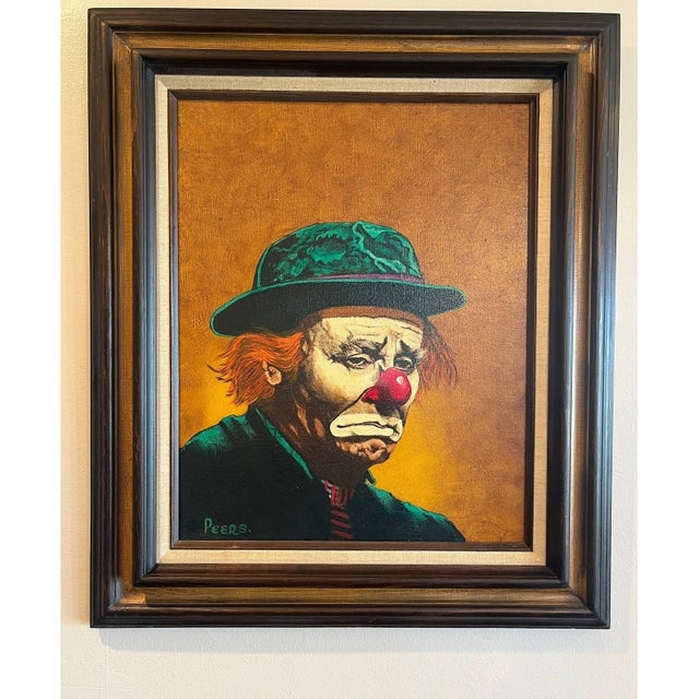 Mid 20th Century Vintage John Peers Original Oil Painting Mid Century Modern Sad Hobo Clown For Sale - Image 5 of 6