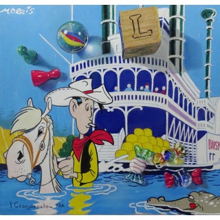 Joyful Cruise With Luke by Irene Georgopoulou | Pastel on Paper Cartoon scene with a cowboy and a riverboat. For Sale