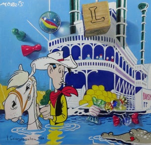 Joyful Cruise With Luke by Irene Georgopoulou | Pastel on Paper Cartoon scene with a cowboy and a riverboat.