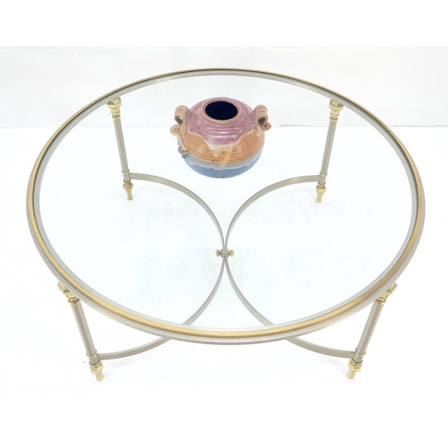 Italian Round 38" Brushed Chrome & Brass Bezel & leg Glass Top Coffee Table For Sale - Image 10 of 12