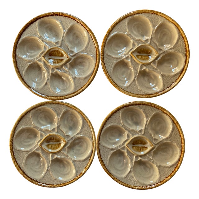 French Majolica Oyster Plates from Saint Clément, 1960s, Set of 4 For Sale