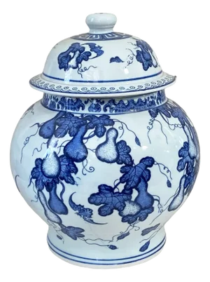 Vintage Chinoiserie Blue and White Porcelain Ginger Jar 12" H