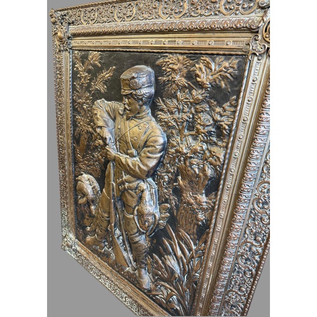 Victorian Antique Brass Repoussé Hanging Scenic Plaque Hunter With His Dog & Game Animals For Sale - Image 3 of 11