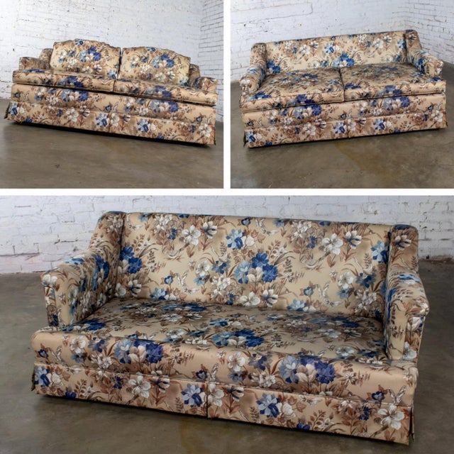 Mid-20th Century Traditional Sofa or Loveseat With Floral Chintz Fabric and Front Brass Ball Casters For Sale - Image 12 of 18